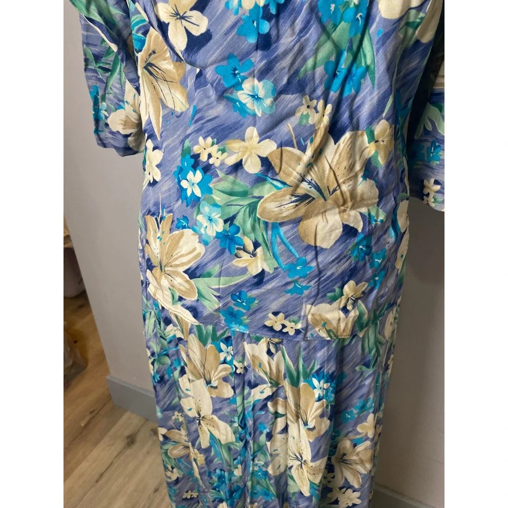 Lesley Fay Vintage 90s 2 Piece Set Floral Tropical Blue Tunic Top Maxi Skirt - Picture 6 of 9